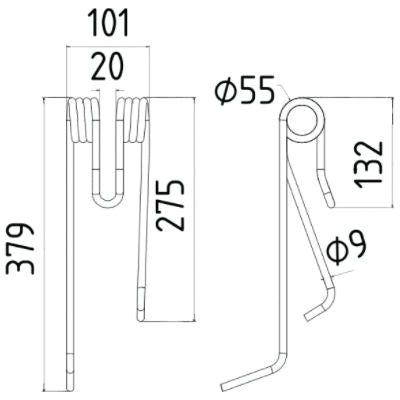 Detailed technical drawing of the Tedder haytine - RH, with precise measurements: length 379mm, width 101mm, diameter 9mm. The diagram includes various dimensions and perspectives, showcasing the high level of accuracy typical of Sparex designs. This part serves as a replacement for Lely model 4101701260 (Sparex Part No.S.78993).