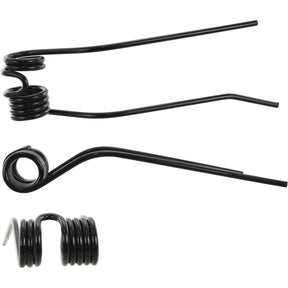 Three black metal torsion springs in various orientations, displayed on a white background, feature a 401mm length and 102mm width for fitting the Deutz-Fahr tedder as Sparex Part No. S.78069.