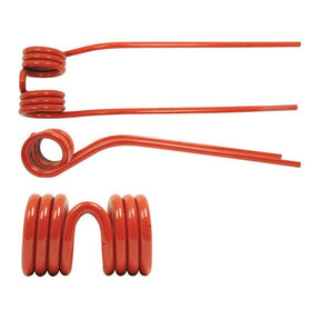 Three red Sparex Tedder Haytines are displayed: two long and straight with coiled ends, and one U-shaped with a coiled design on each side, reminiscent of the precision craftsmanship found in Grange & Walter's RH Fitting assemblies.