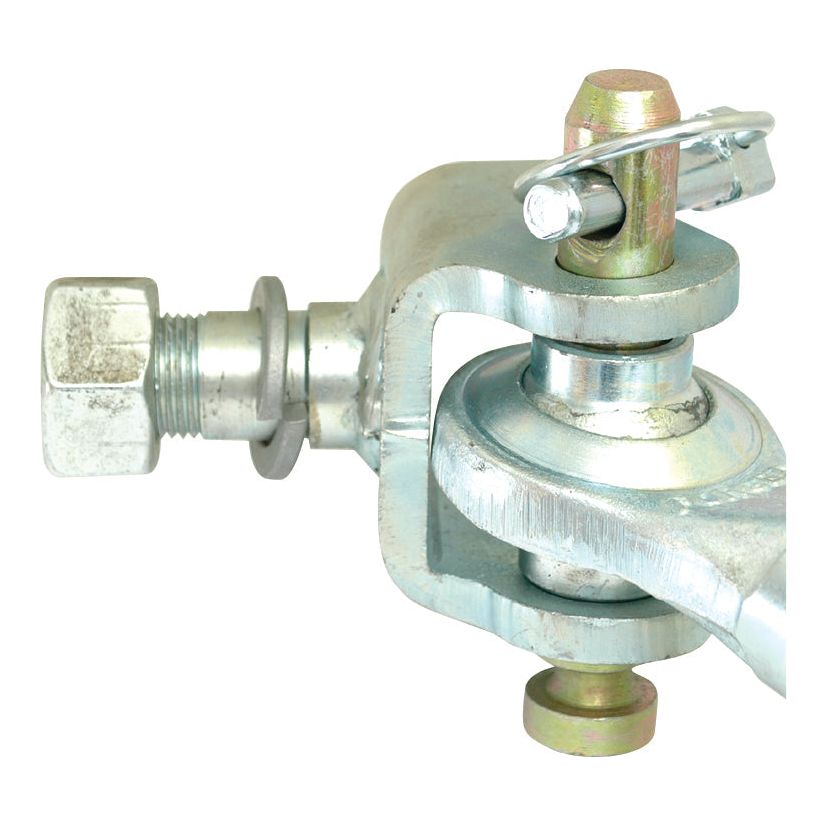 Close-up view of a metal mechanical component with a bolt, nut, and cotter pin, compatible with the Sparex Telescopic Bar Hole Stabiliser - S.15609 for Ford / New Holland tractors.