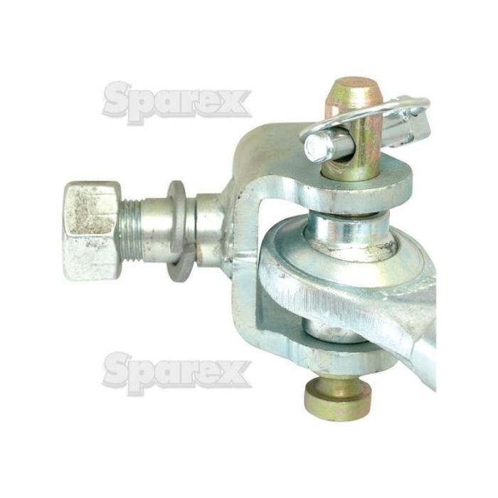 Close-up of the Telescopic Bar Hole Stabiliser - S.15609 by Sparex, showcasing a metallic mechanical part with a bolt, nut, and cotter pin assembly featuring a thread size of 1 1/8 UNC.