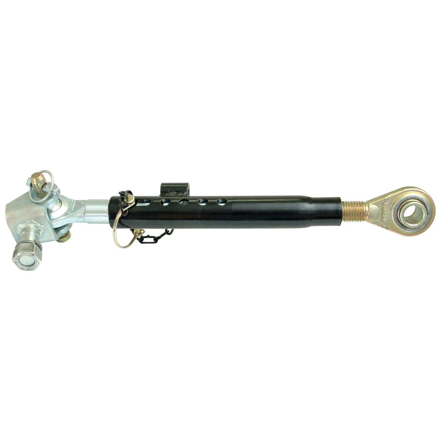 The Telescopic Bar Hole Stabiliser - S.15609 by Sparex is an adjustable metal turnbuckle featuring a black central body, silver Sparex End Fittings, and a securing pin attached to one side. Designed for Ford/New Holland applications, it boasts a robust 1 1/8 UNC thread size for reliable connections.