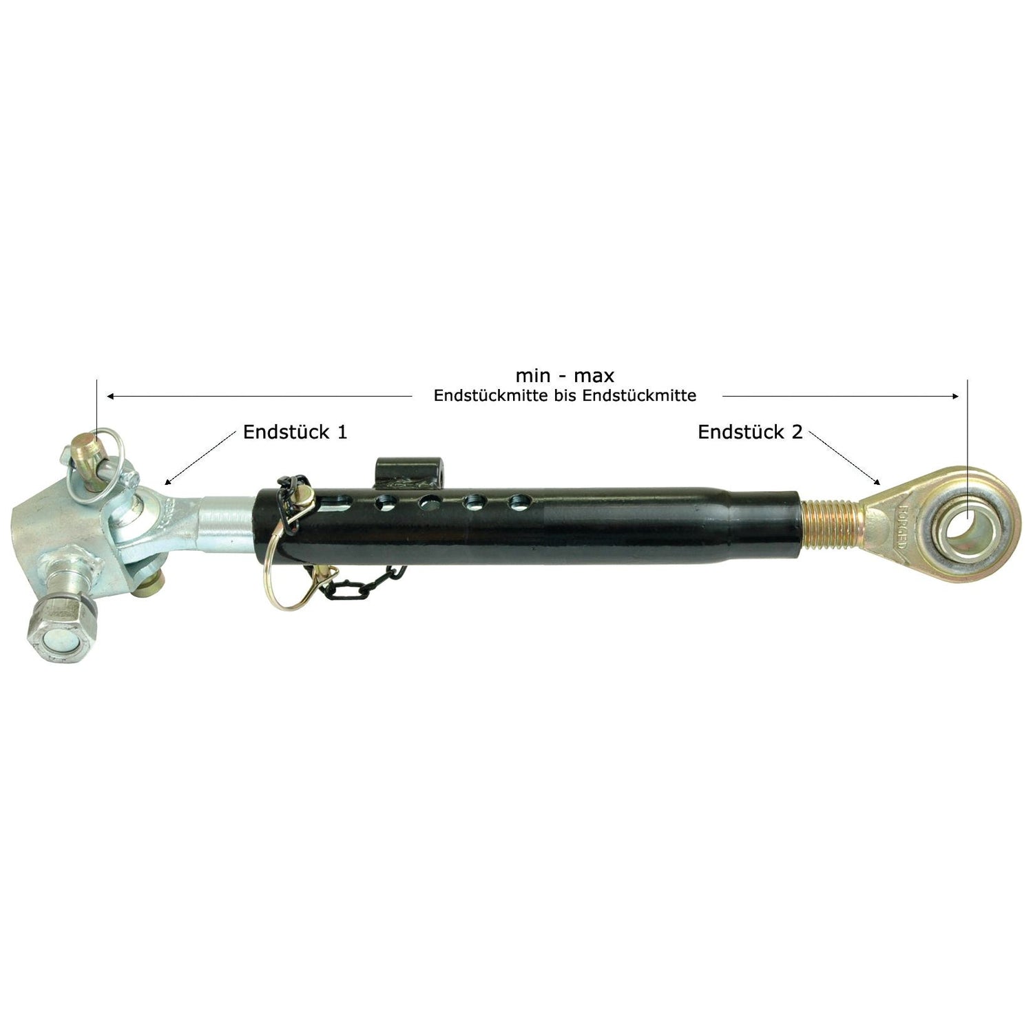 Image of a Sparex Telescopic Bar Hole Stabiliser - S.15609, marked as "Endstück 1" and "Endstück 2," displaying the adjustable range from minimum to maximum length. Thread size: 1 1/8 UNC. Compatible with Ford / New Holland equipment.