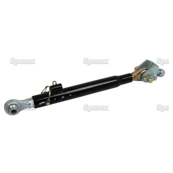 The Telescopic Bar Hole Stabiliser - S.15615 by Sparex is an adjustable tractor link arm that includes bolts and pins, featuring a black central shaft with silver connectors at both ends. It is available with various thread types for customization.
