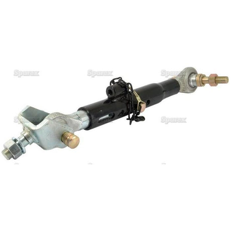 The Telescopic Bar Hole Stabiliser - S.15820 by Sparex is a metal mechanical component featuring a black cylindrical body, silver-colored end fittings, and various bolts and nuts.