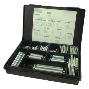 The Sparex Tension Springs organizer box (147 pcs., Compak | Sparex Part No. S.12999) contains various sizes of metal springs ranging in length from 35 to 145mm and comes with a reference chart attached to the lid.