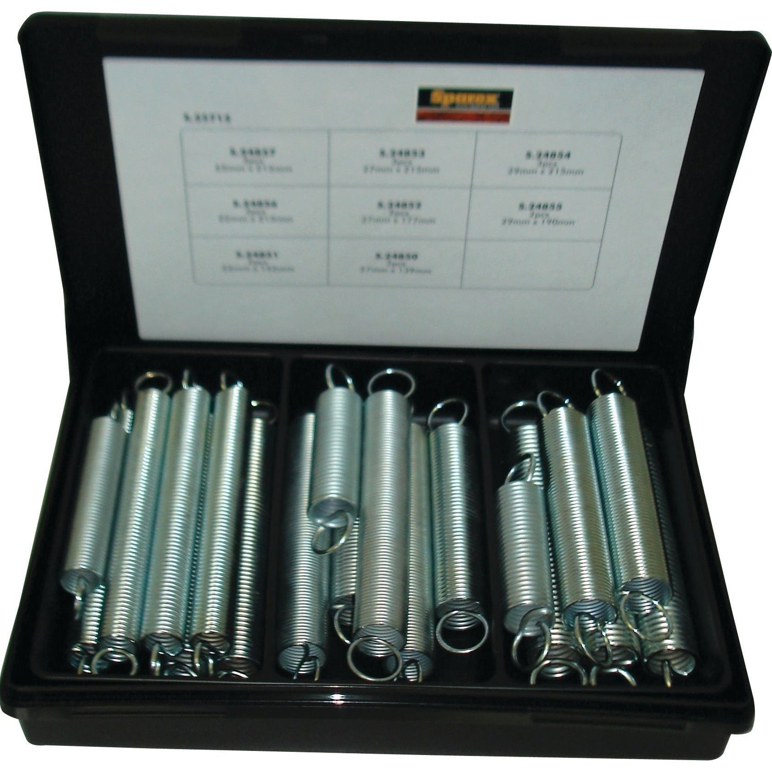 A black case containing 20 metal tension springs of various sizes, organized into three compartments, with a label inside the lid indicating Sparex Part No. S.25712 along with wire diameter and spring length details.