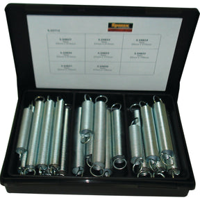 A black case containing 20 metal tension springs of various sizes, organized into three compartments, with a label inside the lid indicating Sparex Part No. S.25712 along with wire diameter and spring length details.
