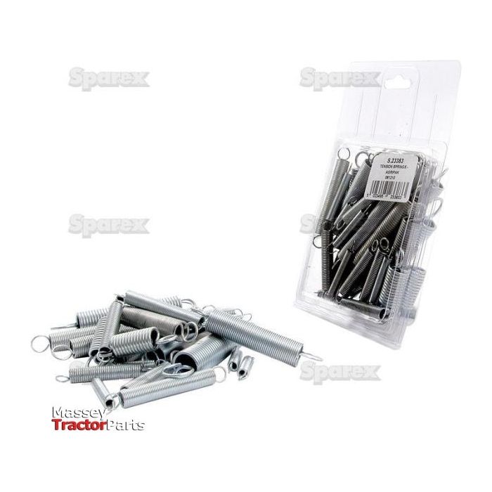 A pile of metal tension springs lies next to a plastic package containing similar springs, with Sparex branding and Massey Tractor Parts visible in the background. The tension springs, identified as Sparex Part No. S.23383 (31 pcs.), vary in wire diameters from Ø0.5 to 2mm and lengths ranging from 35 to 145mm.