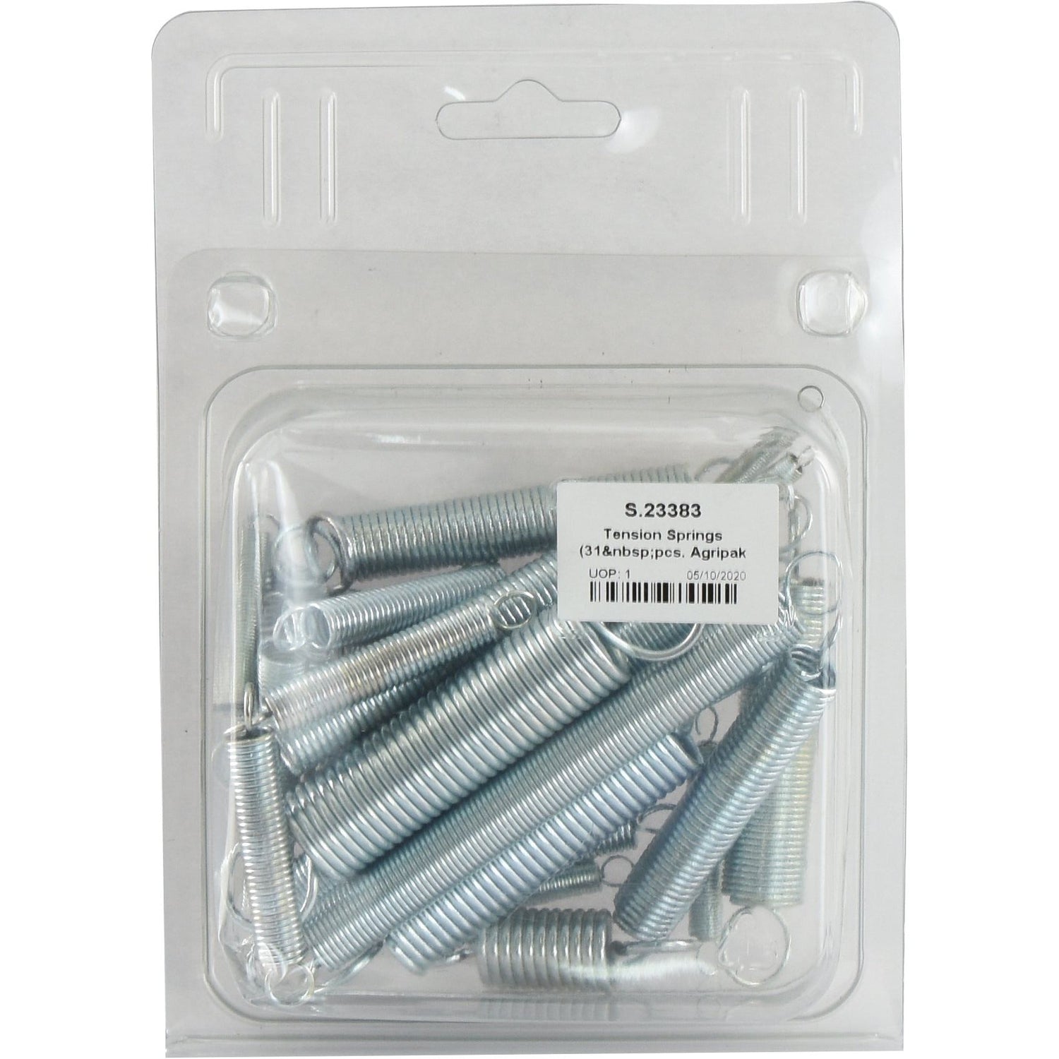 A clear plastic package containing multiple silver tension springs labeled "Sparex Tension Springs (31 pcs. Agripak | Sparex Part No. S.23383)," featuring lengths from 35 - 145mm and wire diameters of Ø0.5 - 2mm.
