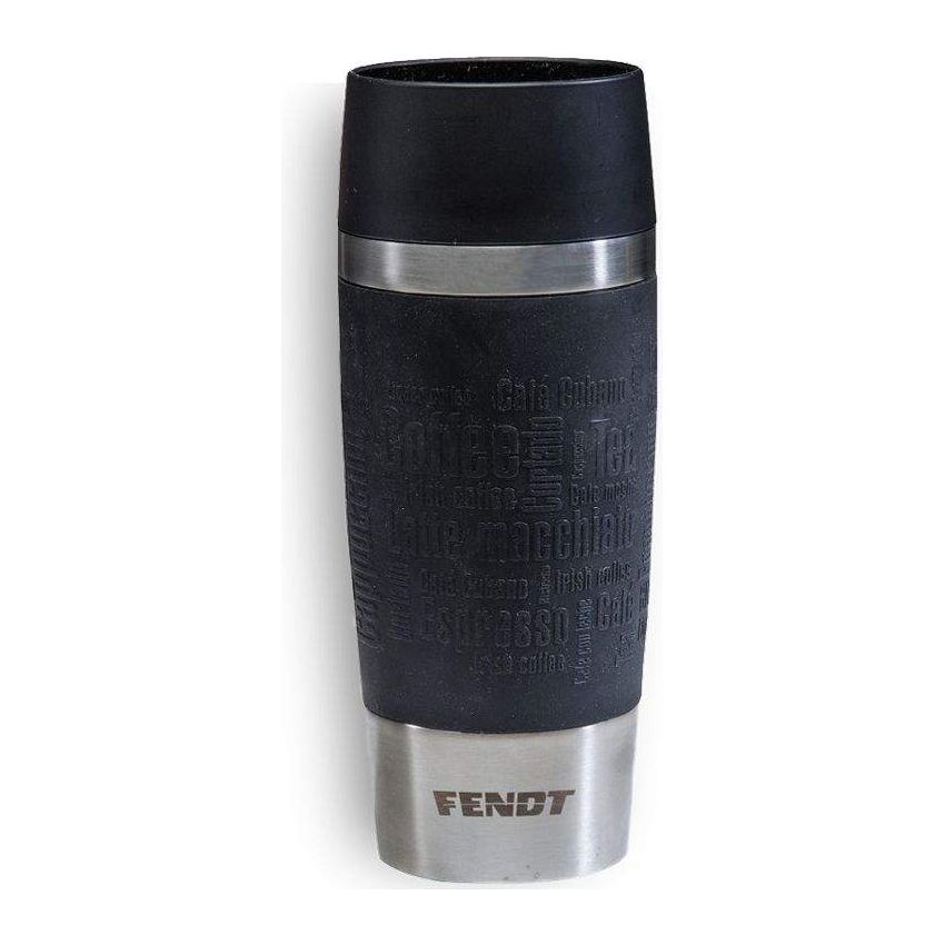 A black and silver AGCO Fendt Thermal Mug (X991014037000) features the brand name "FENDT" at the bottom. This leak-proof, insulated mug has various coffee-related words engraved on its surface.