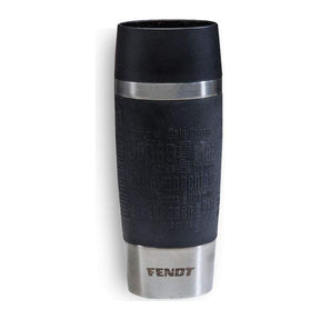 A black and silver AGCO Fendt Thermal Mug (X991014037000) features the brand name "FENDT" at the bottom. This leak-proof, insulated mug has various coffee-related words engraved on its surface.