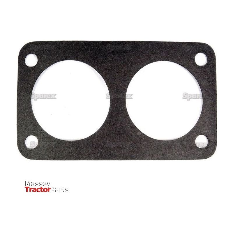 Rectangular gasket with two large circular holes and four smaller circular bolt holes at the corners. The text in the bottom left corner reads "Massey Tractor Parts." Ideal for Ford Engine Model, the Thermostat Gasket by Sparex (Part No. S.67955) ensures a precise fit and reliable performance.
