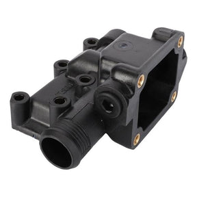 The Massey Ferguson - Thermostat Housing - 4225037M1 by AGCO is a black plastic automotive part featuring several mounting holes and a hollow rectangular opening, compatible with the 7400 Series.