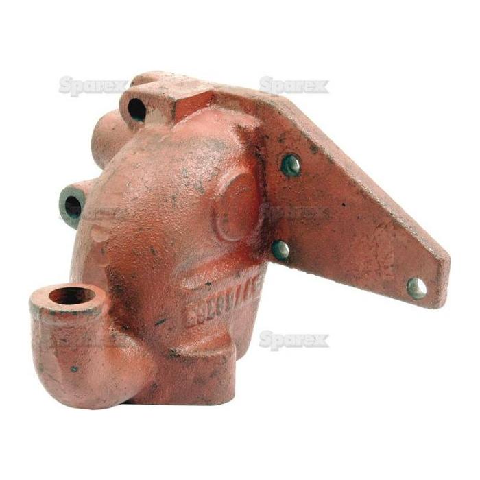 The Sparex Part No. S.41569 Thermostat Housing is a rust-colored metal engine pump cover featuring mounting holes, a pipe connection, and compatible housing for a Perkins thermostat.