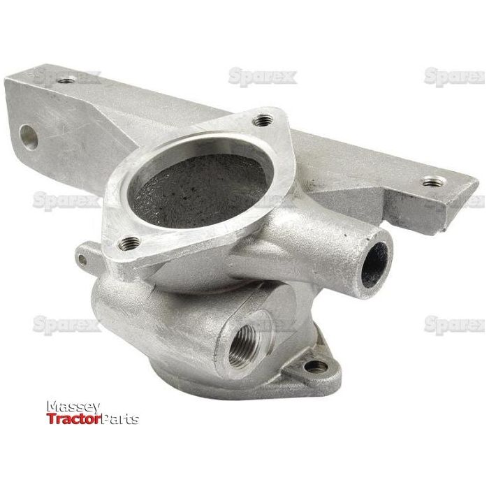 A Thermostat Housing, Sparex Part No.S.42732, from the brand Sparex is displayed on a white background with the Massey Tractor Parts logo. This metallic component part features flanges and threaded openings and appears to be compatible with Massey Ferguson tractors.