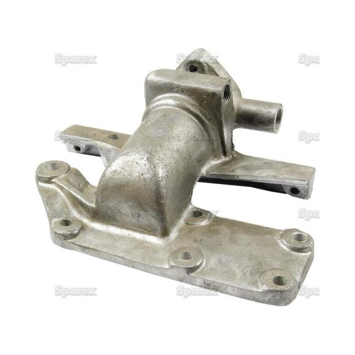 The Thermostat Housing (Sparex Part No. S.42948) by Sparex is a metallic, L-shaped component designed for Massey Ferguson machinery, featuring multiple bolt holes and a protruding pipe.