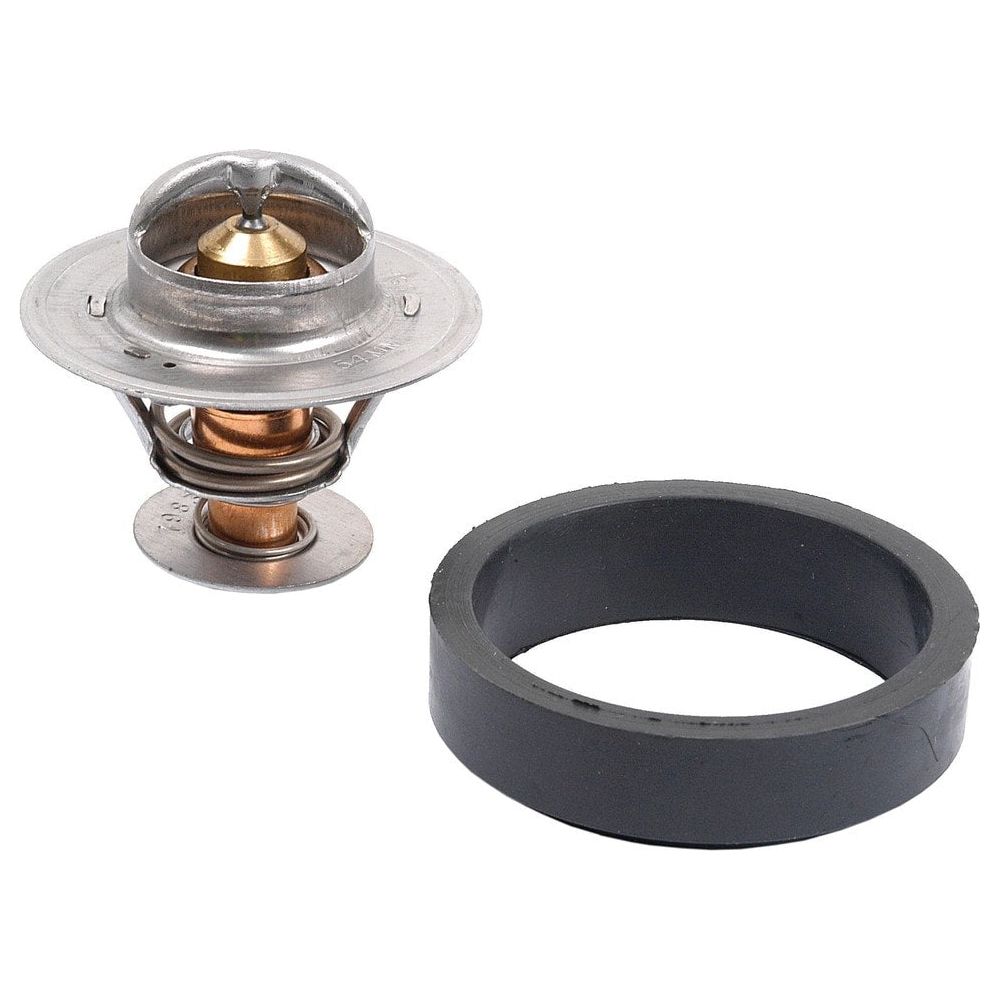 A close-up of the Sparex Thermostat (Part No.S.57256) with its gasket, typically used in an automotive engine cooling system. This metallic thermostat, designed for Ford New Holland models, features a spring mechanism, and the black rubber ring gasket ensures a secure seal.