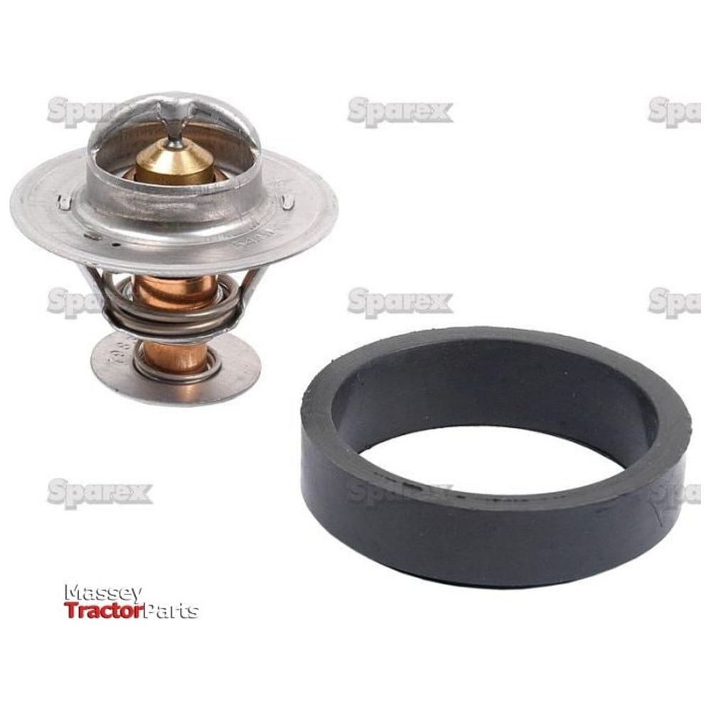 A metal thermostat (Sparex Part No. S.57256) and a black rubber ring, both labeled as Sparex parts for Massey Tractor Parts, displayed against a white background—featuring components compatible with Ford New Holland.