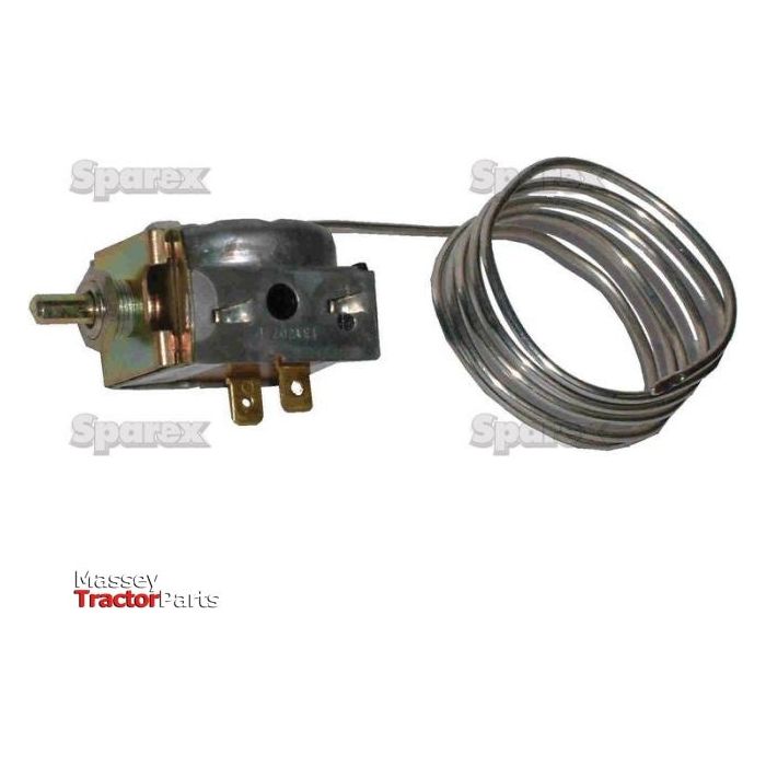The Sparex Thermostatic Switch (Part No. S.106627) features a 36'' capillary tube, metal casing, and two electrical connectors. It is branded with "Sparex" and "Massey Tractor Parts," and is compatible with Case IH / International Harvester models.