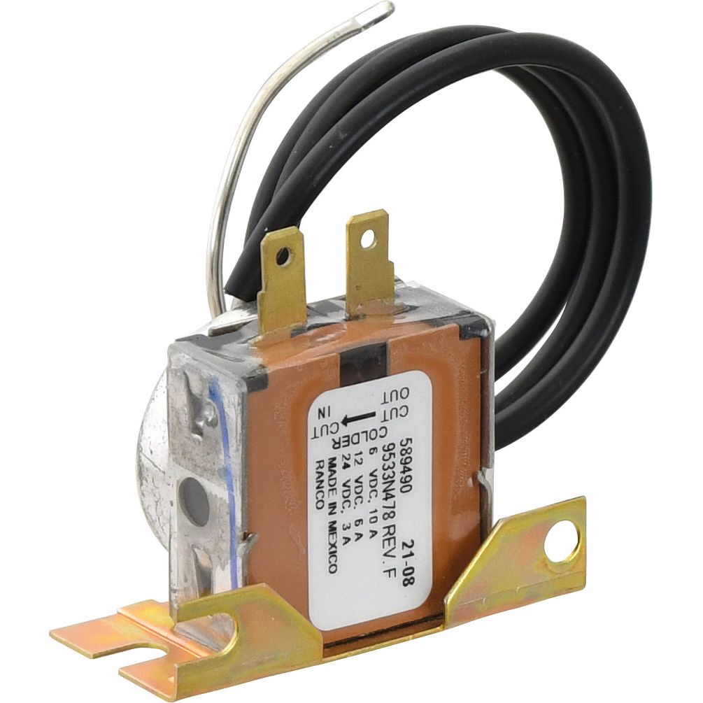 The Sparex Thermostatic Switch (Sparex Part No. S.106634) features a metal base with mounting holes, two electrical terminals, and attached black and white wires, compatible with the MAXXUM series.