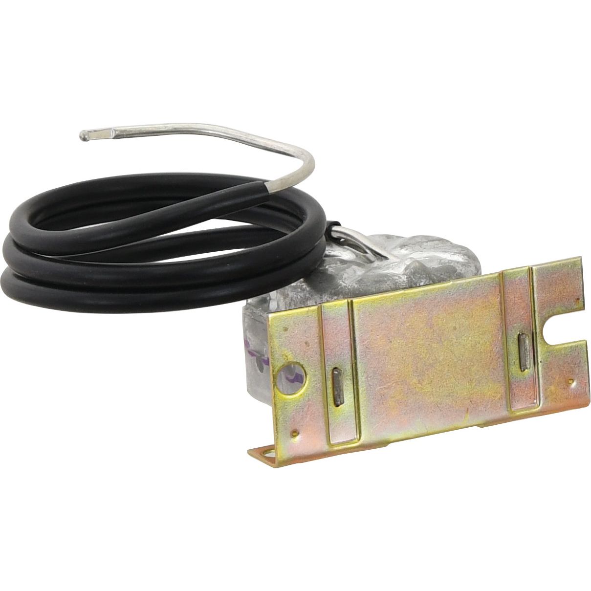 The Thermostatic Switch (Sparex Part No. S.106634) from Sparex includes a metal bracket with a coiled black cable and a metal probe, commonly used in HVAC systems for temperature sensing or control, and it features a capillary tube for precise measurements.