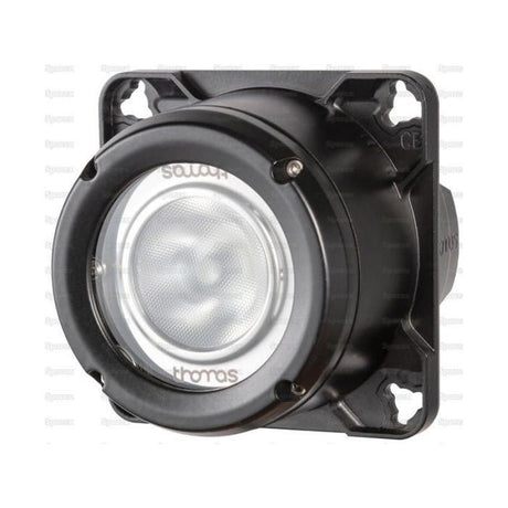 Close-up of a black, square-shaped industrial LED worklight with a circular, clear lens in the center, mounted on a black frame. The brand name "Sparex" is visible on the lens. This IP68-rated spotlight delivers an impressive 5700K brightness and 3000 lumens raw power, perfect for demanding environments. This model is known as the LED Work Light (Cree High Power), Interference: Class 3, 10-36V - S.153706.