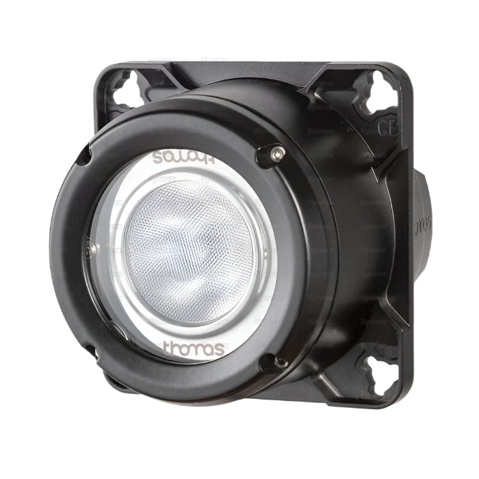 Close-up of a black, round LED work light with a square mounting base, featuring the brand name "Sparex" on the front lens. The "Massey Tractor Parts" logo is visible in the corner. This IP68-rated LED Worklight, S.153707, includes an integrated 2 pin Deutsch connector for reliable performance and offers 3000 lumens raw output powered by Cree High Power LEDs with interference class 3 capabilities and a voltage range of 10-36V.