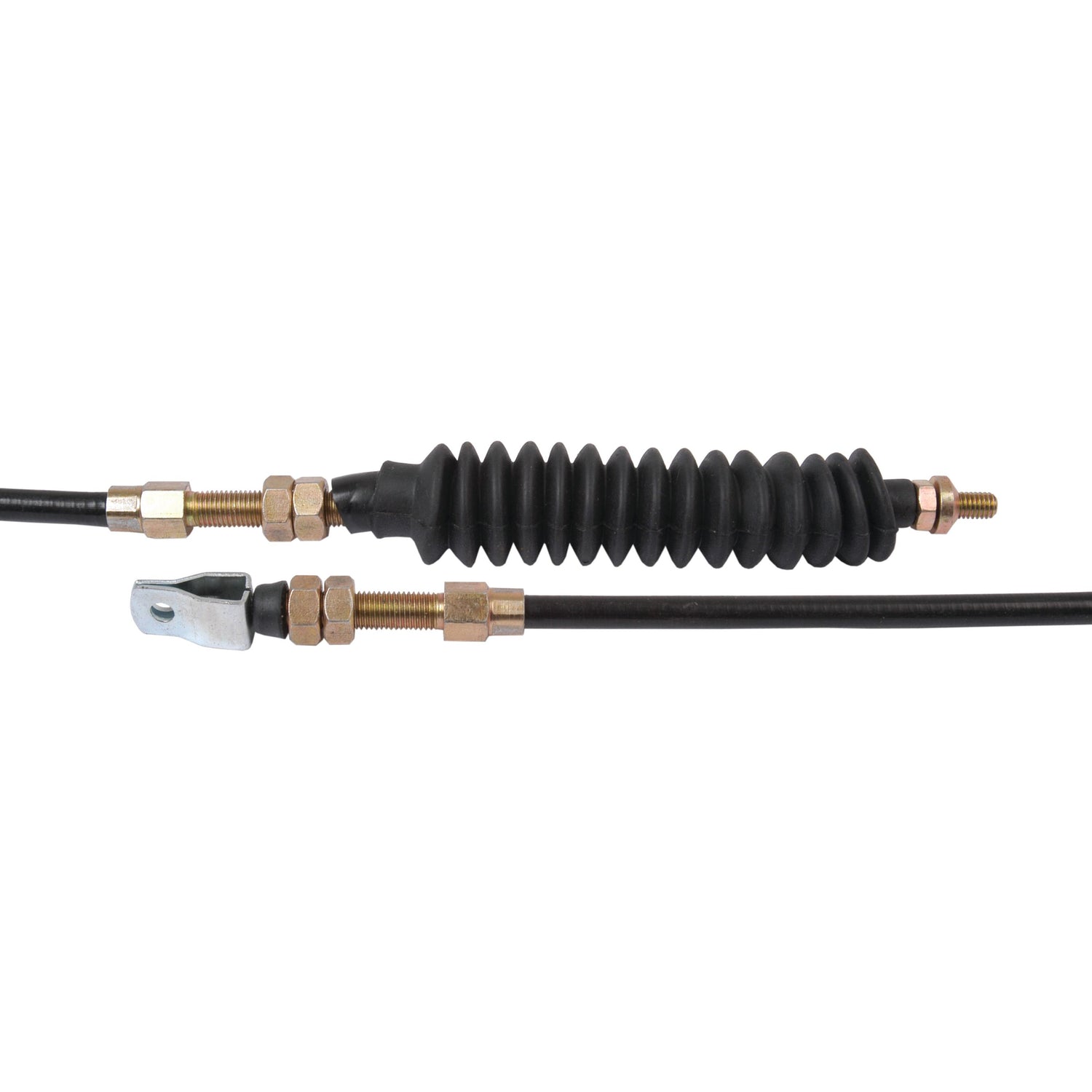 The Sparex Throttle Cable (Part No. S.42256) features a length of 1208mm with an outer cable length of 1071mm, and includes two metal ends connected by a black, accordion-style rubber boot and threaded connectors, making it compatible with Massey Ferguson tractors.