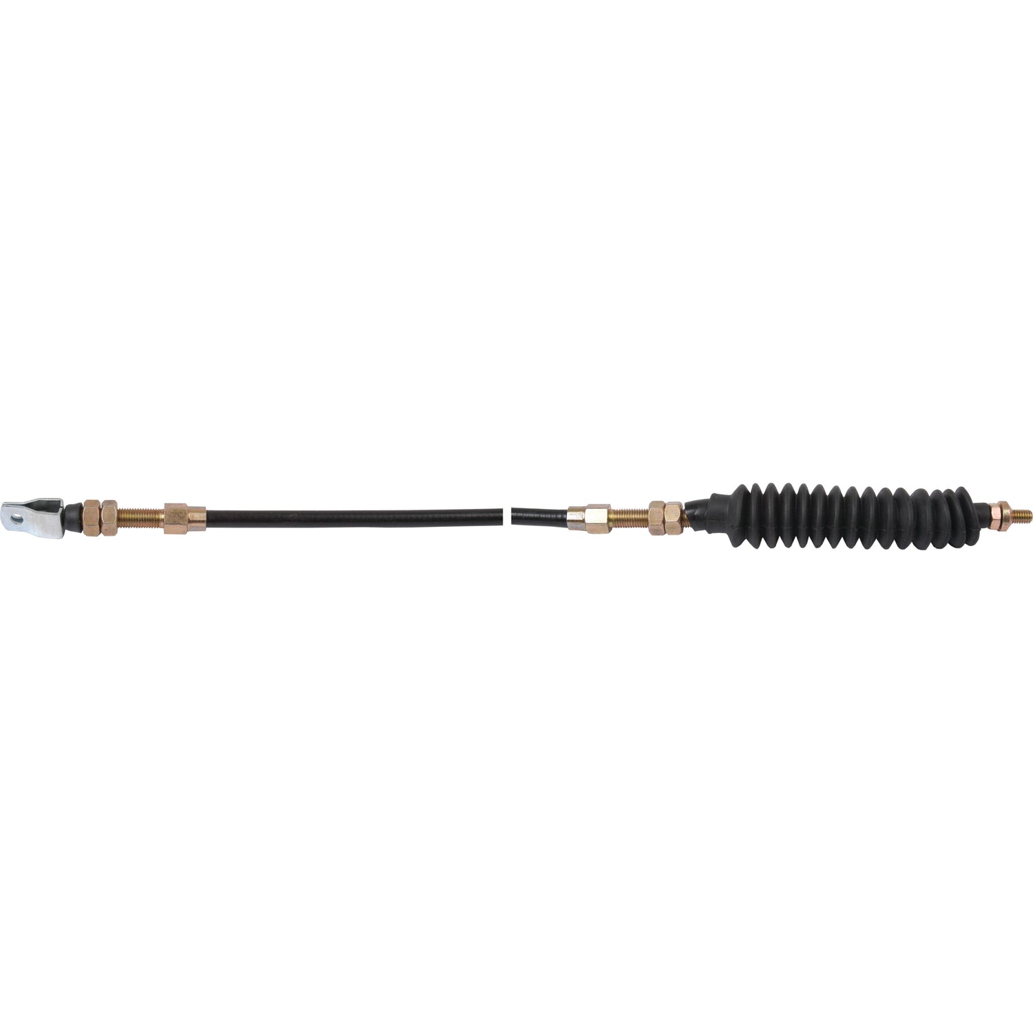 The Sparex Throttle Cable (Part No. S.42256) has a length of 1208mm and an outer cable length of 1071mm, featuring metal fittings and a black accordion-style protective boot, making it ideal for Massey Ferguson equipment.
