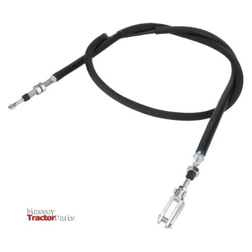 The AGCO Massey Ferguson - Throttle Cable - VA370217 is a black throttle cable designed for tractors, featuring metal connectors on both ends and the iconic Massey Ferguson logo in the bottom left corner. Perfect for models such as the 3625, this durable cable guarantees reliable performance.
