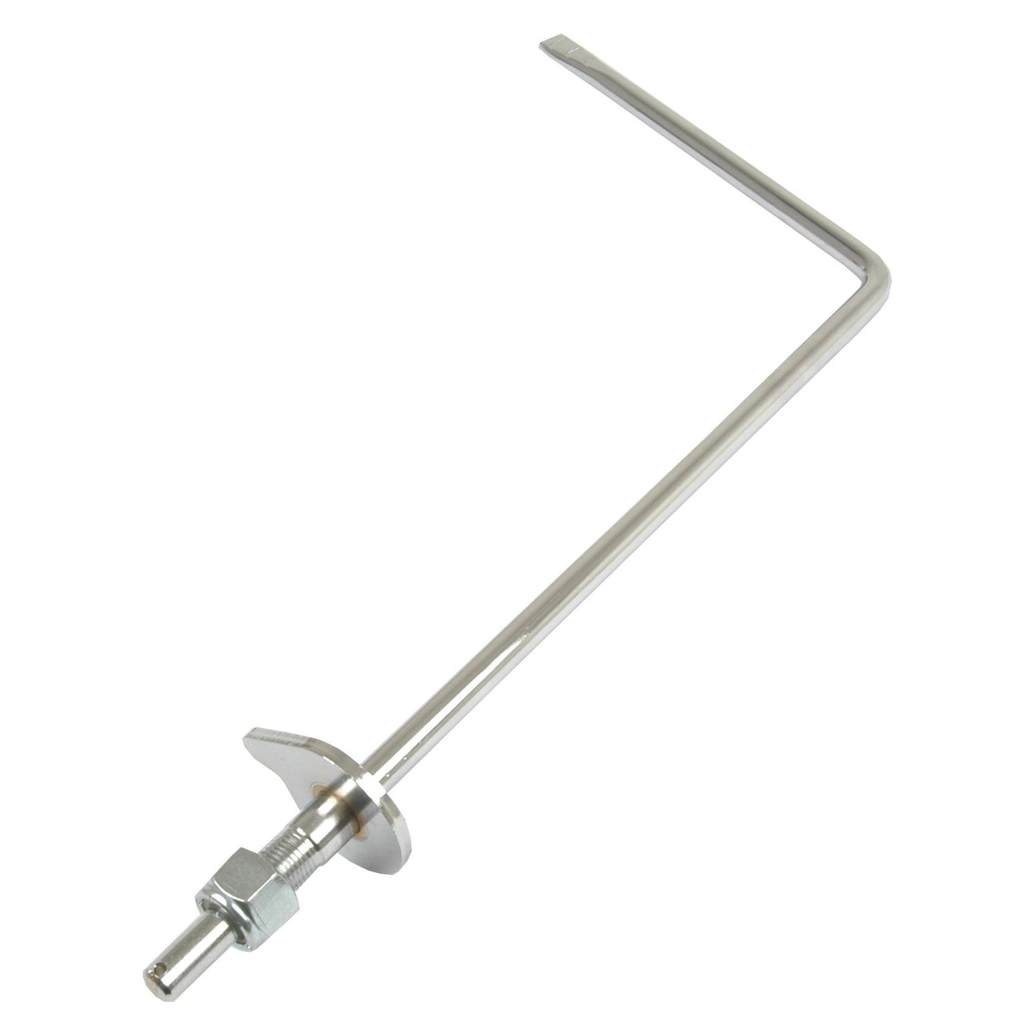 An L-shaped metal rod with a threaded section and attached nut and washer near the opposite end, featuring a cylindrical tip at the bottom. This throttle lever is a perfect fit for Massey Ferguson 135 tractors. For compatibility reference, see Sparex Part No.S.43649.