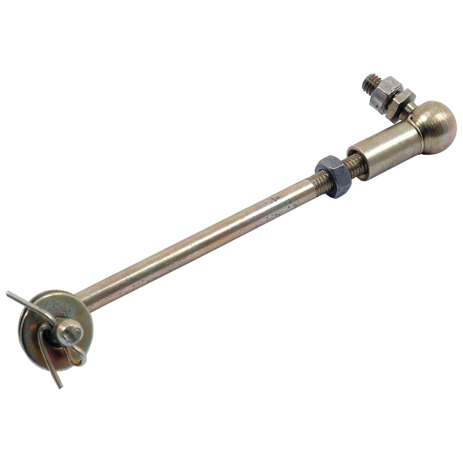 Throttle Linkage Kit | Sparex Part No.S.42875: Metal rod with a 1/4'' thread, includes two nuts and a rounded ball joint opposite a wing nut and washer assembly. Features universal fitting compatible with various models, including Massey Ferguson. Brand Name: Sparex.