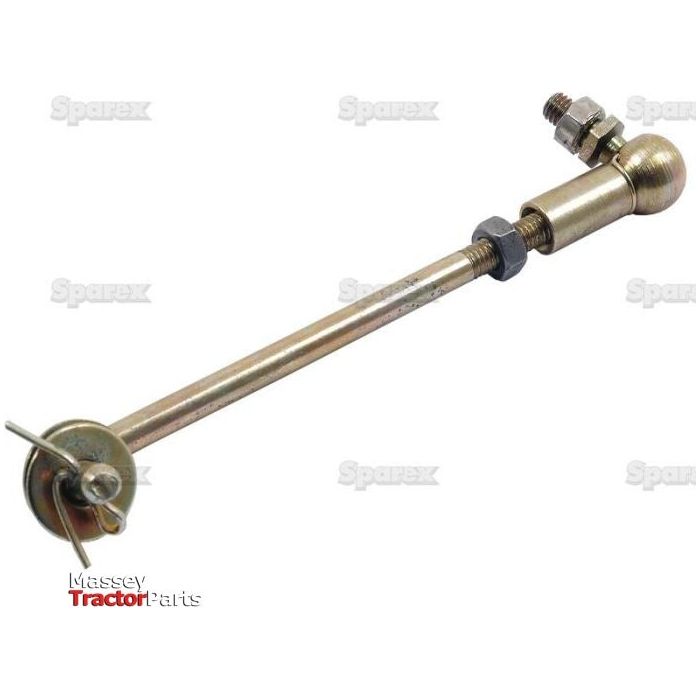 Throttle Linkage Kit (Sparex Part No. S.42875), featuring a metal rod with adjustable nuts and a spherical joint at one end, complete with a universal fitting with a 1/4'' thread, commonly used as a tractor part. The background text reads "Sparex" repeatedly, and the bottom left corner displays "Massey Tractor Parts." Ideal for Massey Ferguson tractors.