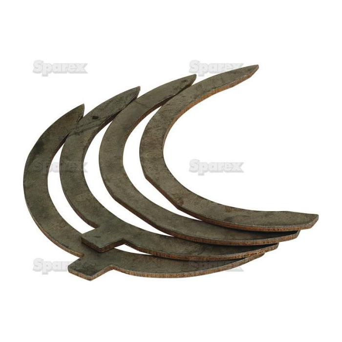 Four metal half-moon shaped plates, resembling the Thrust Bearings Set +0.0075 (Sparex Part No.S.40346) from Sparex, are arranged in a slightly fanned-out fashion against a plain white background.