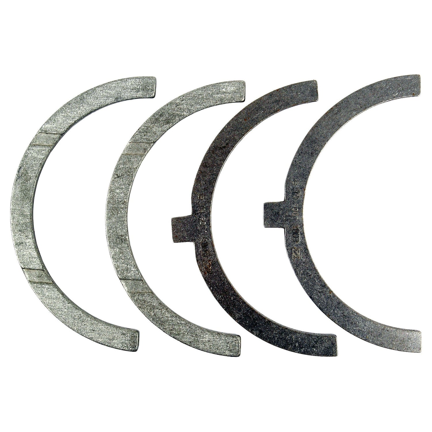 Four semi-circular thrust washers from the Thrust Bearings Set +0.25mm (Sparex Part No. S.58943) are arranged in a row against a white background.