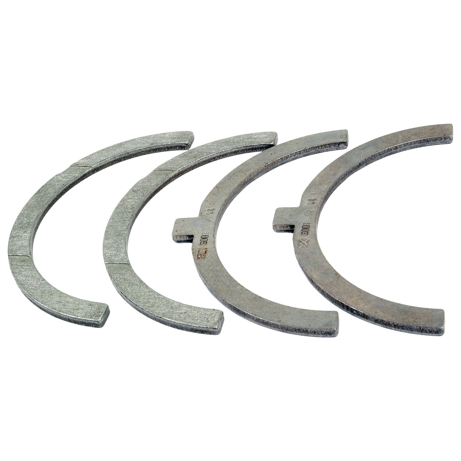 Four 0.25mm semi-circular metal washers, from the Thrust Bearings Set +0.25mm (Sparex Part No.S.58943), each featuring a small protrusion on the inner edge, arranged in a row on a white background.