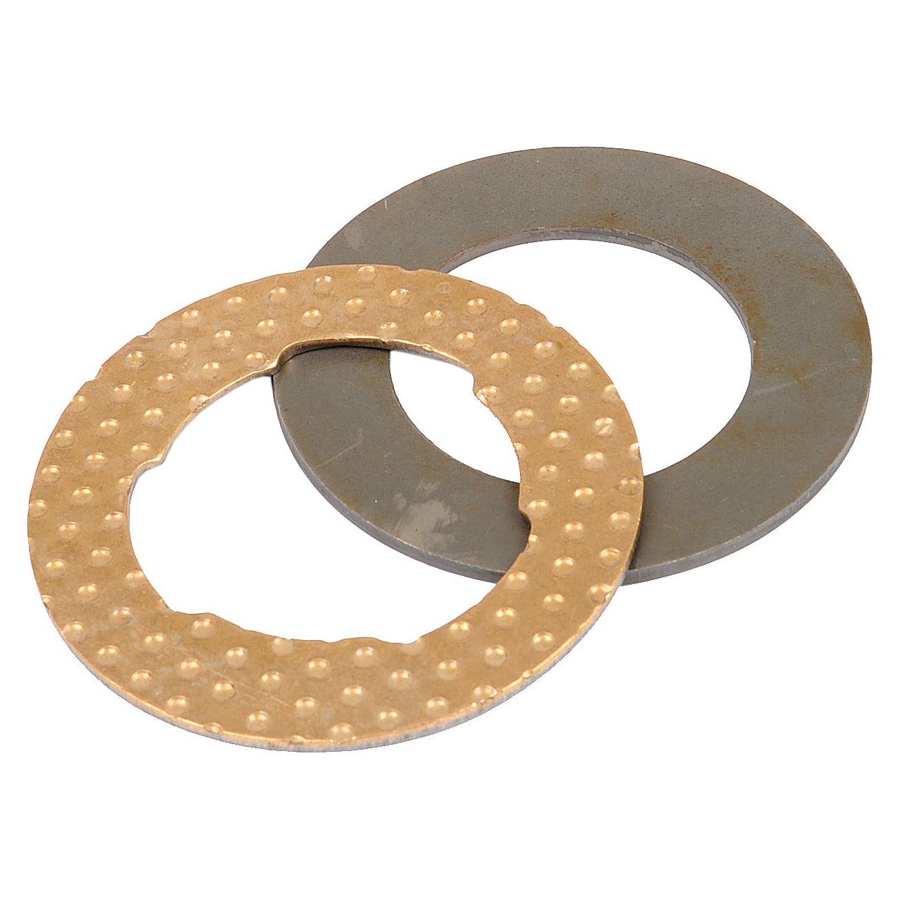 Two metal washers, one gold with a textured surface and one silver with a smooth surface, lie adjacent to each other against a white background. This pair resembles components you might find in the Sparex Thrust Washer Kit - Axle Spindle (Part No.S.43281) for Massey Ferguson machinery.