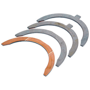 Introducing the Sparex Thrust Washer Set (Part No. S.62054), which includes four half-moon shaped metal washers arranged in a staggered row, with the first washer featuring a copper-toned surface; perfect for Fiat and Ford engines.