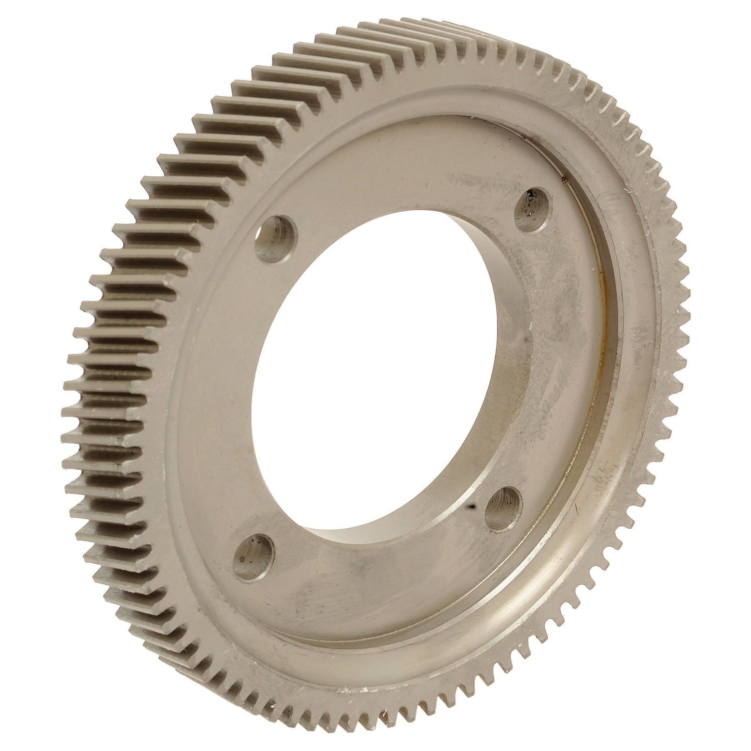 A circular metal Timing Gear - S.67172 by Sparex, featuring 85 teeth and four central holes, viewed from a slight angle. This high-quality gear guarantees optimal performance in various machinery applications.