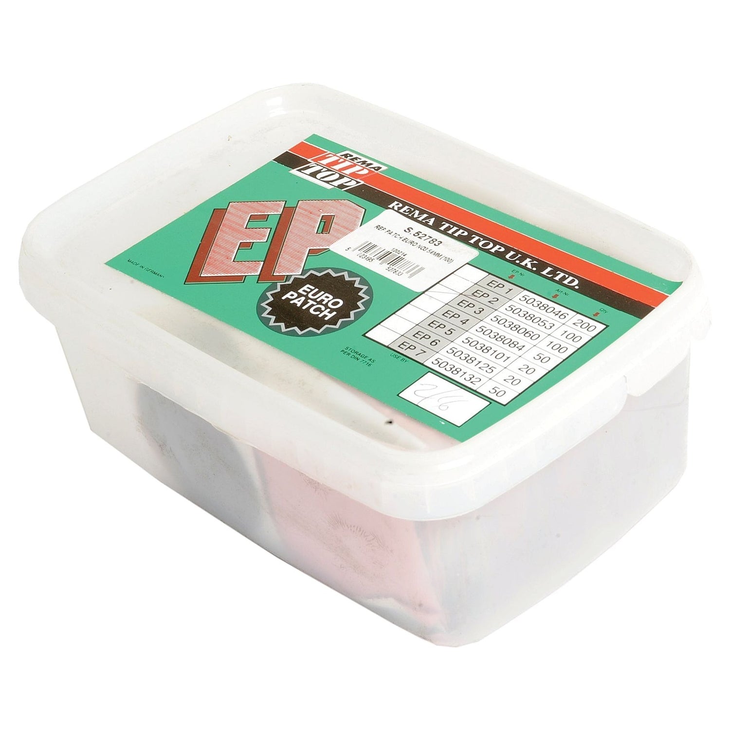 Plastic container with a green label from Sparex, labeled "EP" and "Euro Patch." The box contains Repair Patches - Euro No.3, Ø54mm (100 pcs.) - S.52783, suitable for cycle tubes or motorcycle repairs.