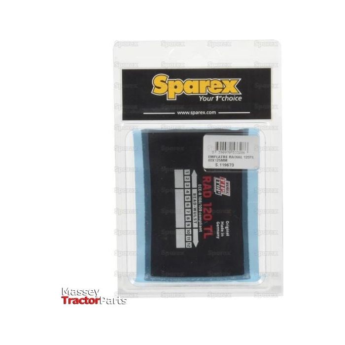 Close-up of a clear package containing a Sparex Repair Patch - Radial (120TL) 80 x 125mm, labeled with Sparex Part No. S.119673. Perfect for those in need of a radial repair patch, this product ensures dependable performance and quality.