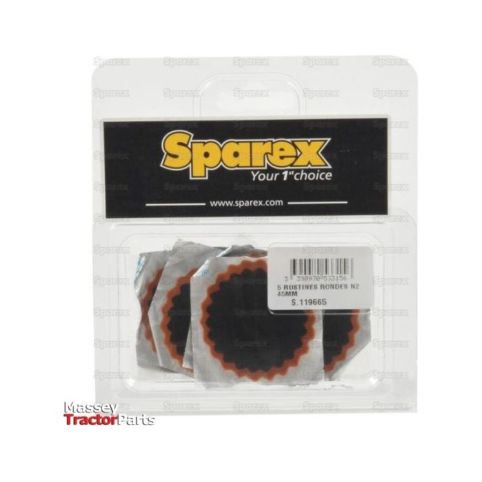 A transparent package labeled Sparex Part No. S.119665 contains a set of Round Repair Patches (No.2) Ø45mm (Agripak 5 pcs.), with Sparex branding clearly visible.