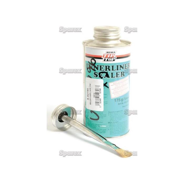 A cylindrical can of "Sealer Inner Liner (175g) - S.52796" by Sparex, designed to seal porosity, with an attached brush in the cap, shown open with the brush resting in front of the can.