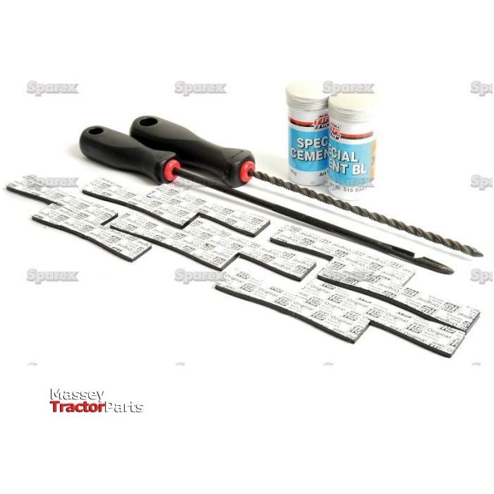 Two black-handled tools, several strips of material, and two containers of cement sealant from the Sparex Tyre Repair Kit Tubeless Kit EM Sealastic (Sparex Part No. S.31592) are displayed on a white background.