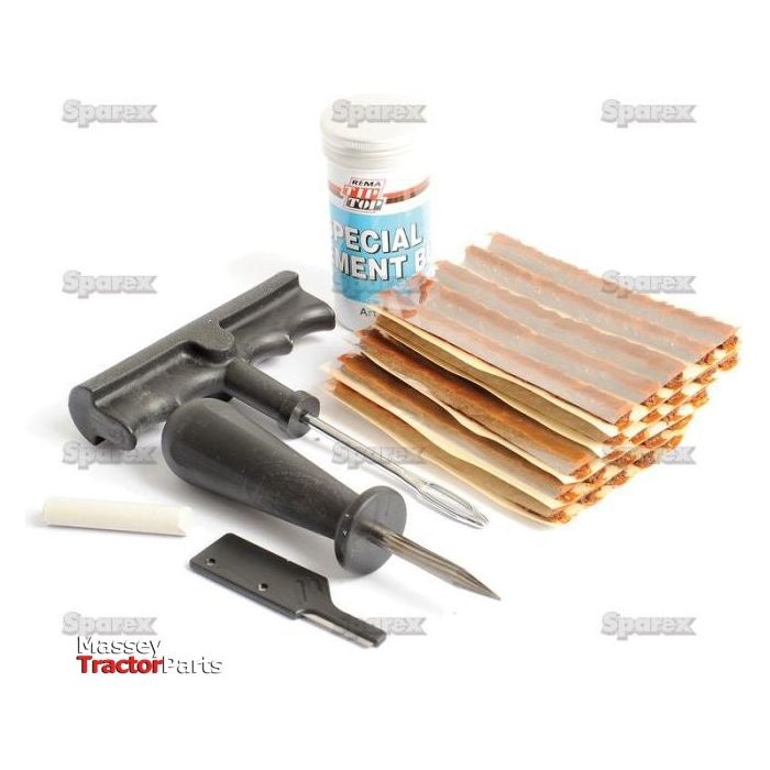 The Sparex Tyre Repair Kit Tubeless Workshop Kit (Sparex Part No. S.52276) features a T-handle plugger, a rasp tool, 11 brown repair plugs, a cement tube, and additional small accessories, all set against a pristine white background.