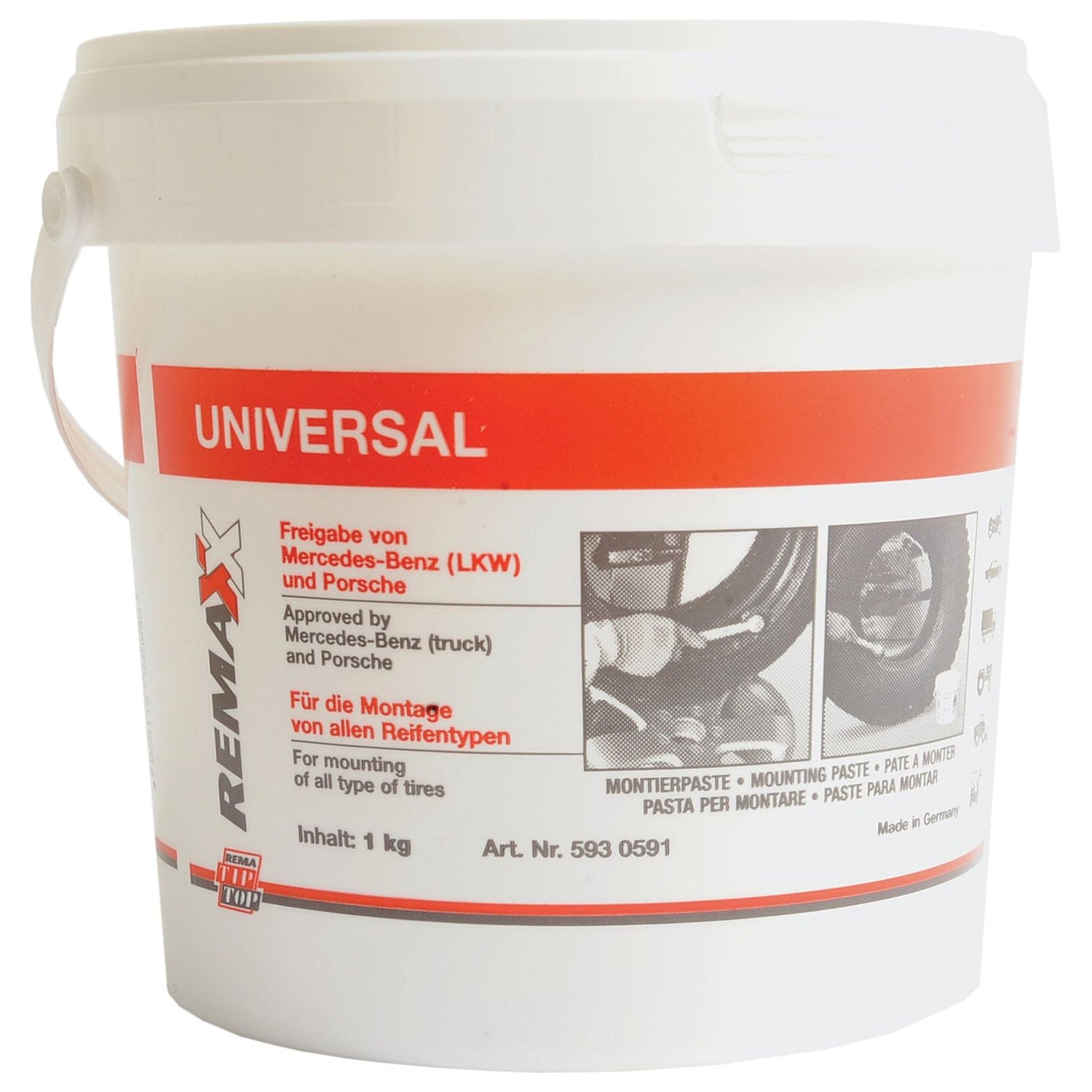 Introducing the Sparex Tyre Mounting Paste (1kg) in a white tub, approved by Mercedes-Benz (truck) and Porsche. This product, labeled in multiple languages under Sparex Part No.S.52226, ensures optimal tire lubrication to prevent slippage during fitting.