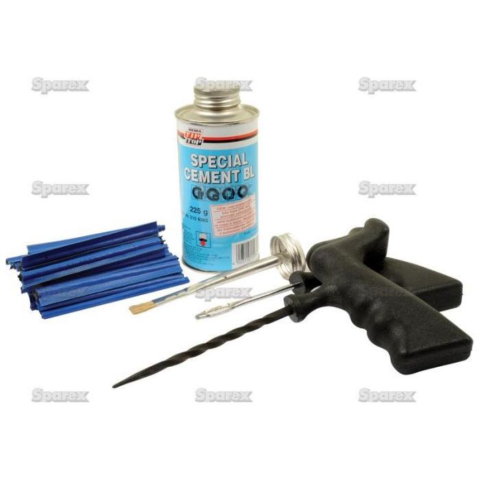 Introducing the Sparex ATV/Quad Tyre Repair Kit (Part No. S.52779), which includes a can of special cement, a reamer tool with a black handle, several blue repair strings, and an applicator brush.