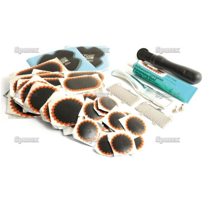 The Tyre Repair Kit TT30 by Sparex (Part No. S.52214) includes patches, vulcanising fluid, a rasp tool, and other accessories, all displayed on a white surface.