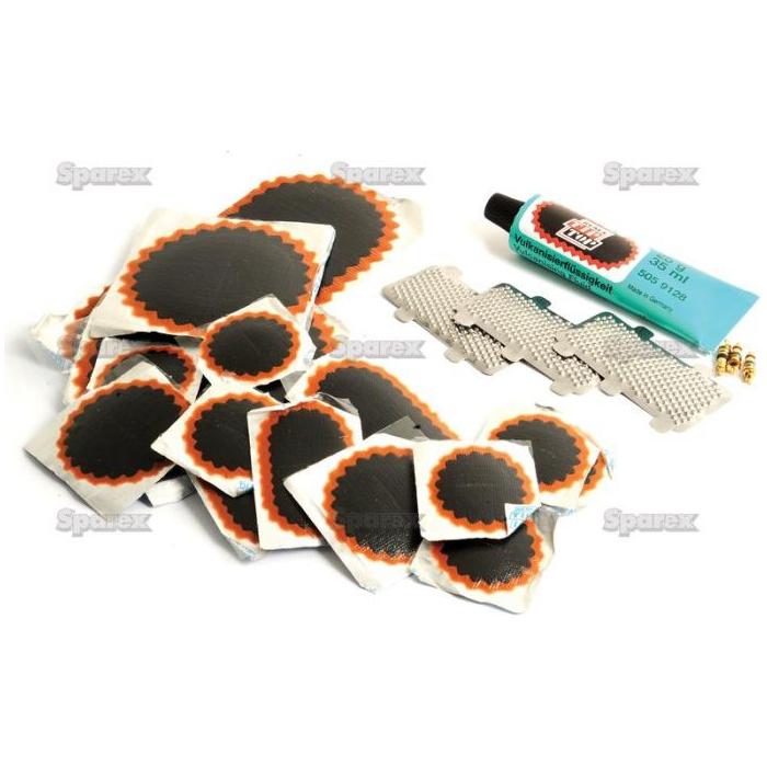 The Tyre Repair Kit TT20, Sparex Part No. S.52213, from Sparex is displayed, featuring various sizes of patches, a tube of vulcanizing fluid, and metal tools.